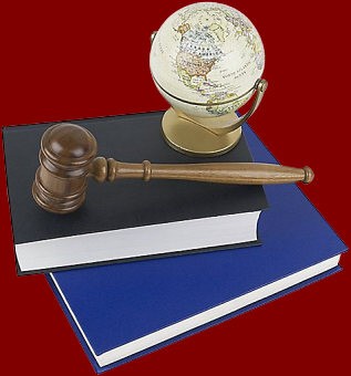 book, gavel and globe