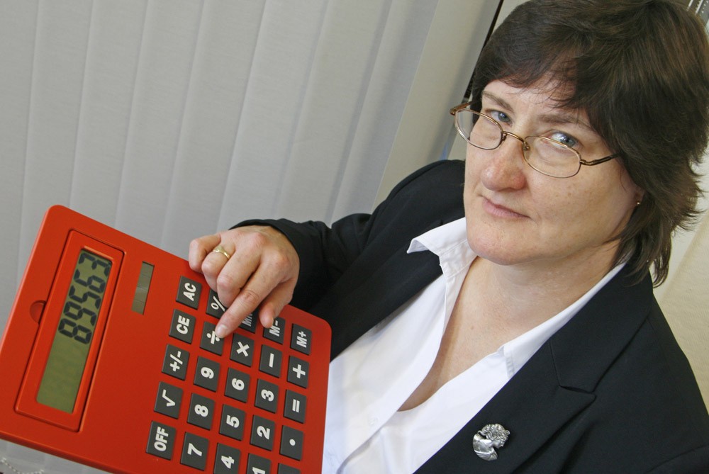 woman holding giant calculator