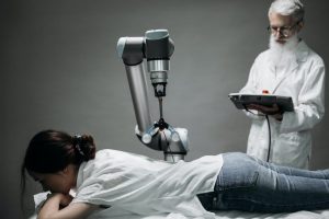 a woman lying down on exam table