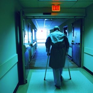 elderly man on crutches at risk for one of the patient falls